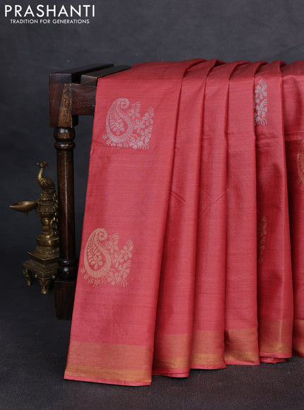 Banana silk saree dark peach with silver & gold zari woven paisley buttas and zari woven border