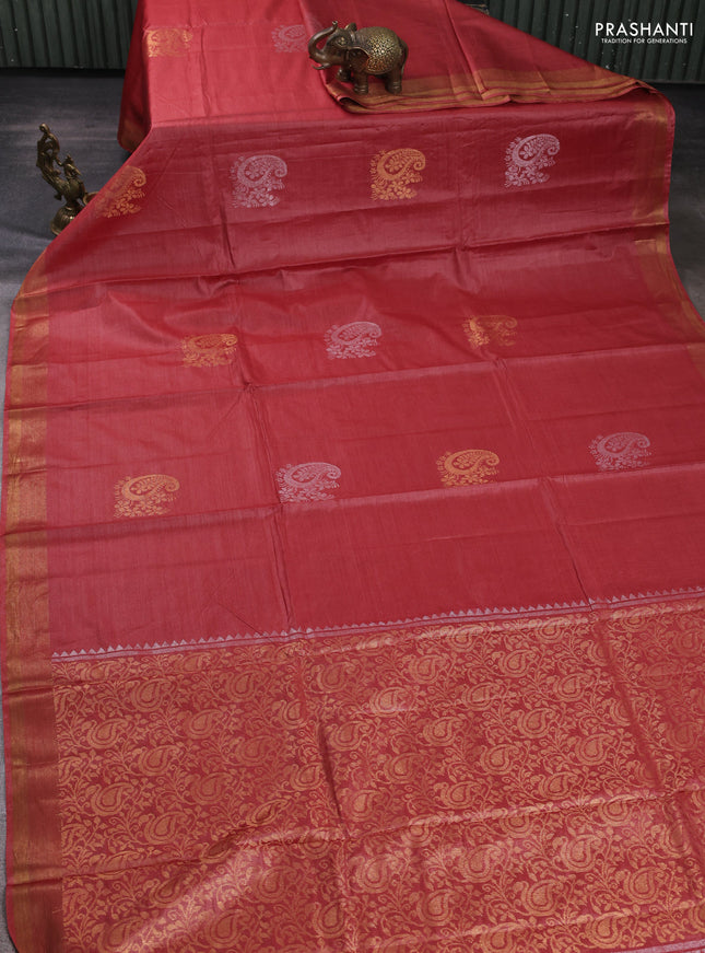 Banana silk saree dark peach with silver & gold zari woven paisley buttas and zari woven border