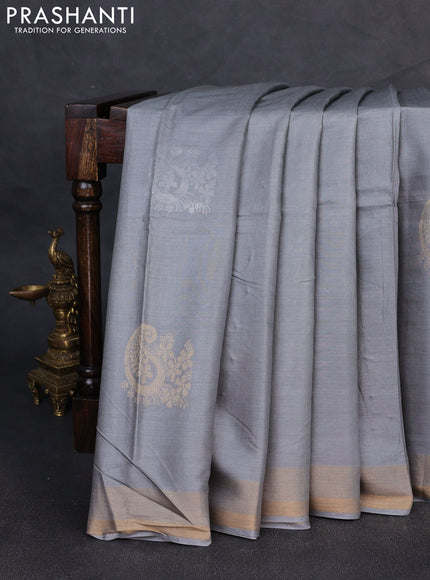 Banana silk saree grey with silver & gold zari woven paisley buttas and zari woven border