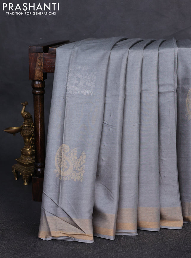 Banana silk saree grey with silver & gold zari woven paisley buttas and zari woven border