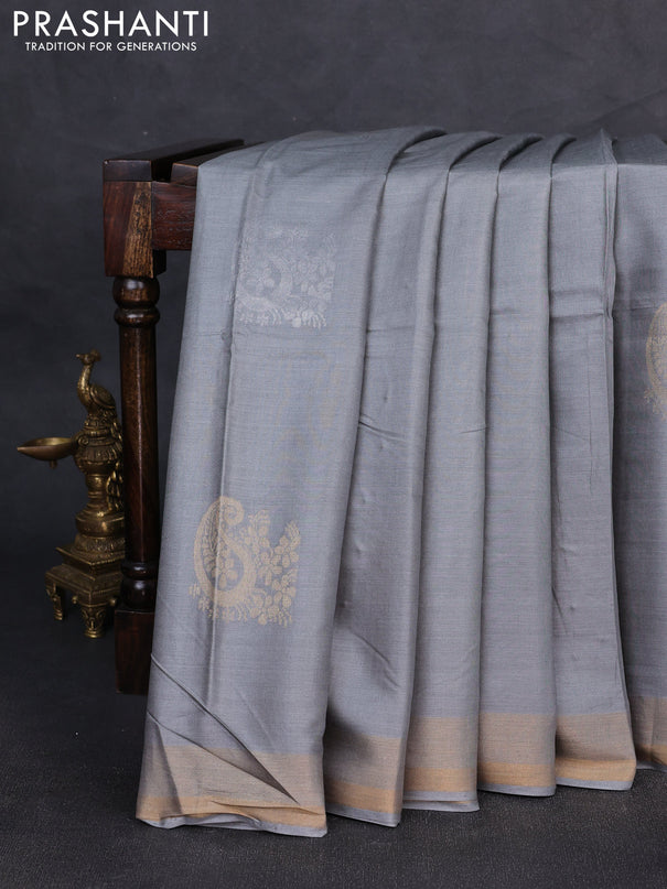 Banana silk saree grey with silver & gold zari woven paisley buttas and zari woven border