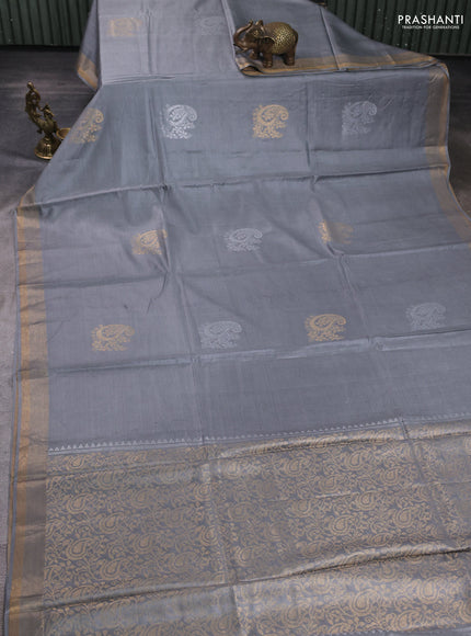 Banana silk saree grey with silver & gold zari woven paisley buttas and zari woven border