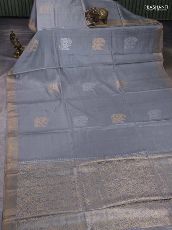 Banana silk saree grey with silver & gold zari woven paisley buttas and zari woven border