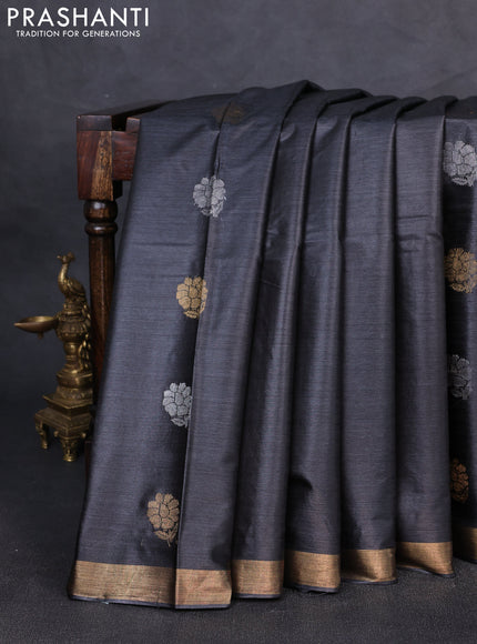 Banana silk saree black with silver & gold zari woven buttas and zari woven border