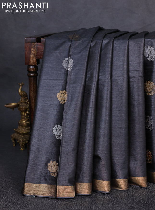 Banana silk saree black with silver & gold zari woven buttas and zari woven border