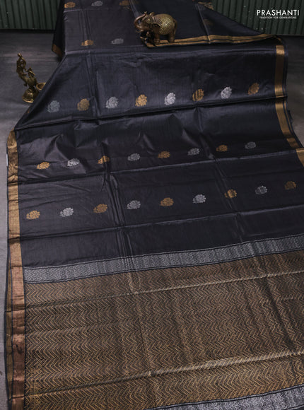 Banana silk saree black with silver & gold zari woven buttas and zari woven border