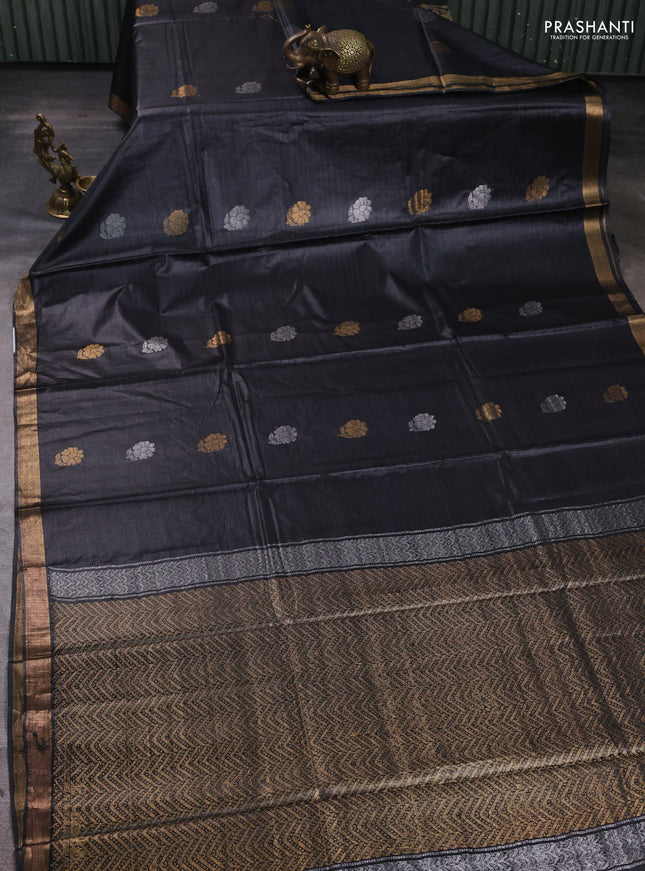 Banana silk saree black with silver & gold zari woven buttas and zari woven border