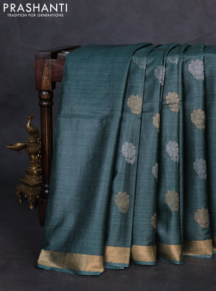 Banana silk saree green shade with silver & gold zari woven buttas and zari woven border
