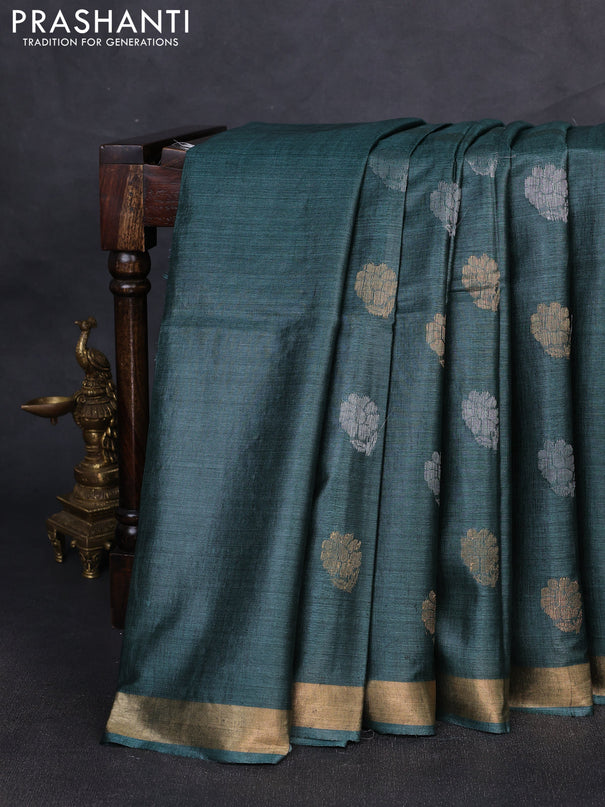 Banana silk saree green shade with silver & gold zari woven buttas and zari woven border