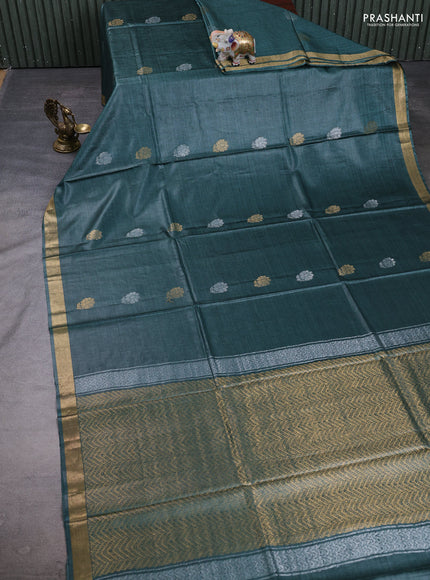 Banana silk saree green shade with silver & gold zari woven buttas and zari woven border