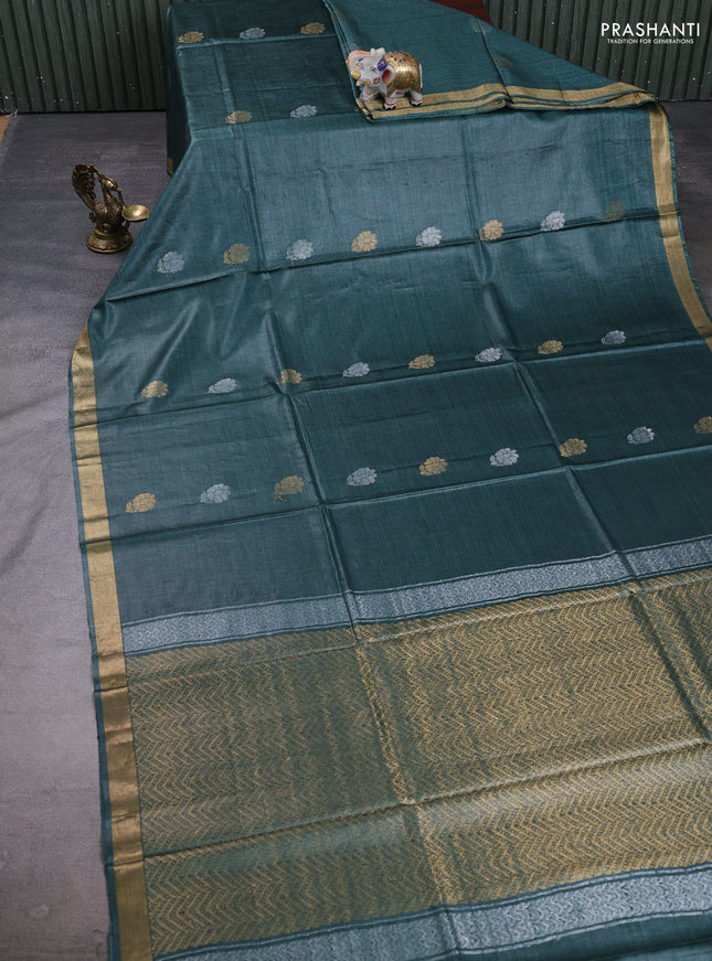 Banana silk saree green shade with silver & gold zari woven buttas and zari woven border