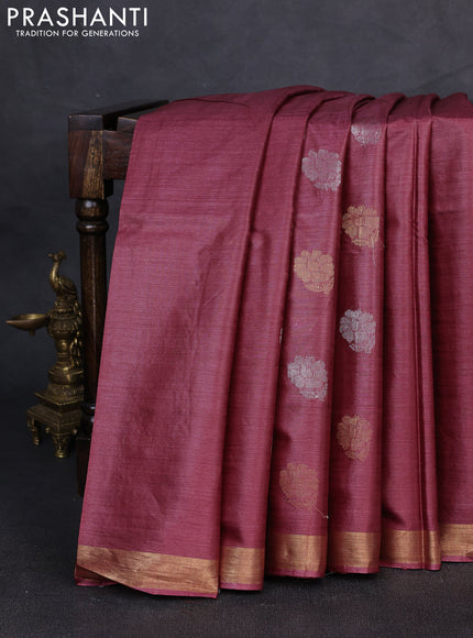 Banana silk saree maroon with silver & gold zari woven buttas and zari woven border