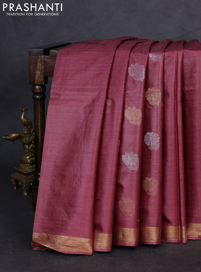 Banana silk saree maroon with silver & gold zari woven buttas and zari woven border