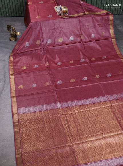 Banana silk saree maroon with silver & gold zari woven buttas and zari woven border