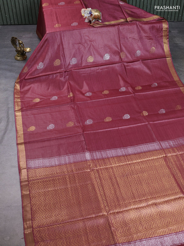 Banana silk saree maroon with silver & gold zari woven buttas and zari woven border