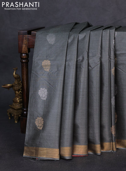Banana silk saree grey and orange with silver & gold zari woven buttas and zari woven border