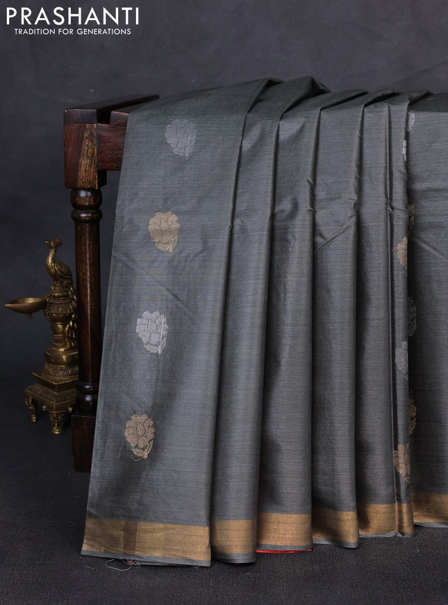 Banana silk saree grey and orange with silver & gold zari woven buttas and zari woven border