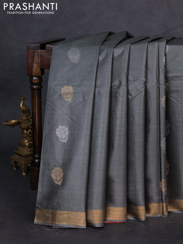 Banana silk saree grey and orange with silver & gold zari woven buttas and zari woven border