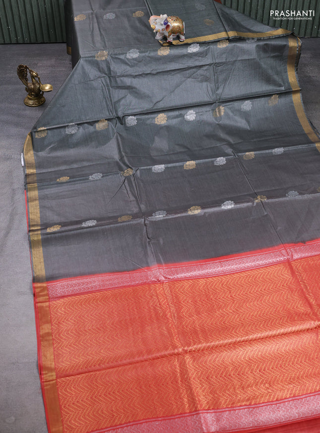 Banana silk saree grey and orange with silver & gold zari woven buttas and zari woven border