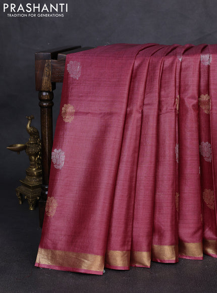 Banana silk saree pink with silver & gold zari woven buttas and zari woven border