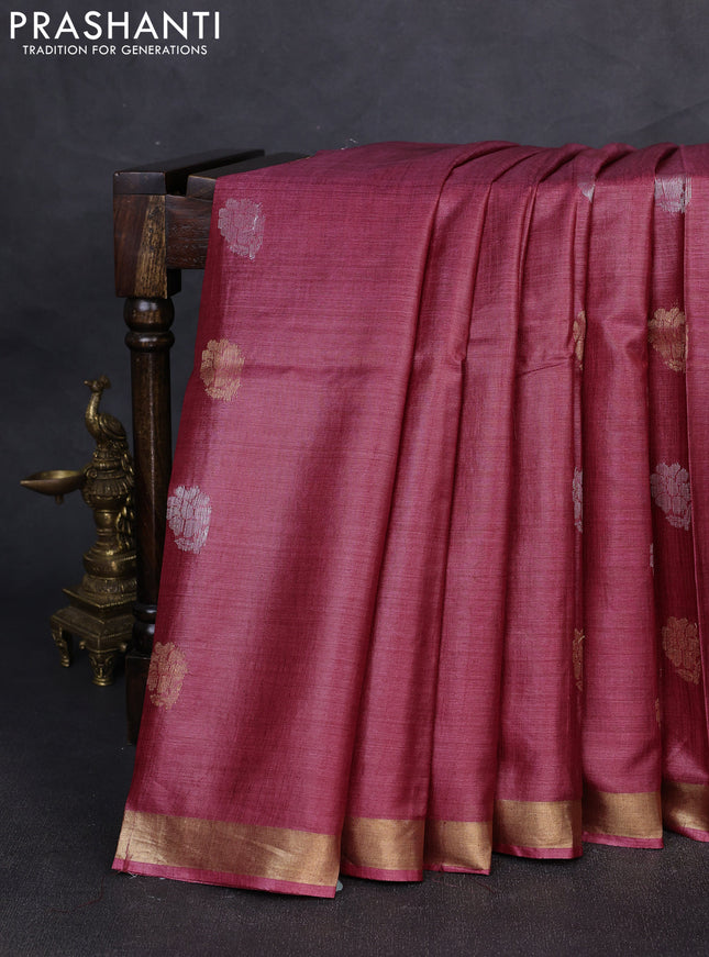 Banana silk saree pink with silver & gold zari woven buttas and zari woven border