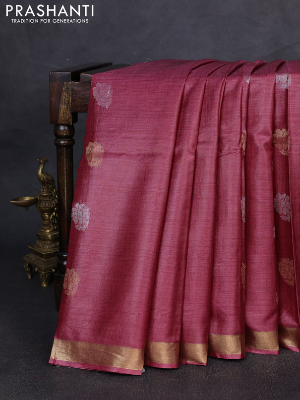Banana silk saree pink with silver & gold zari woven buttas and zari woven border