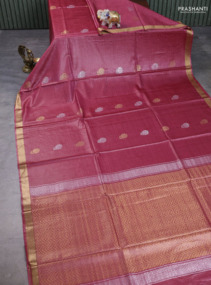 Banana silk saree pink with silver & gold zari woven buttas and zari woven border