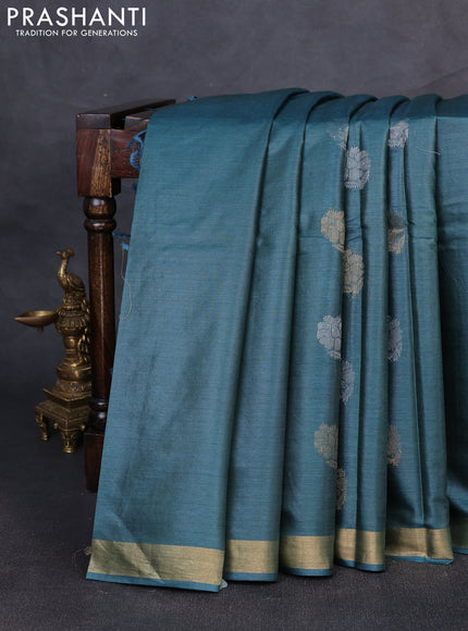 Banana silk saree peacock green with silver & gold zari woven buttas and zari woven border