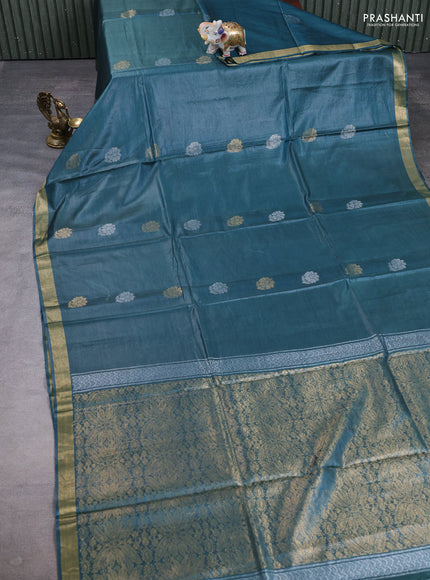 Banana silk saree peacock green with silver & gold zari woven buttas and zari woven border