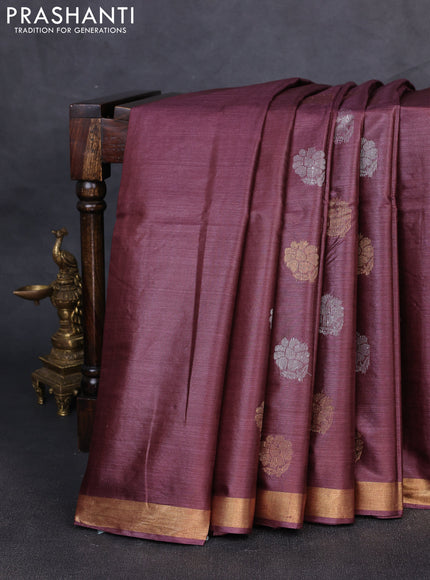 Banana silk saree wine shade with silver & gold zari woven buttas and zari woven border
