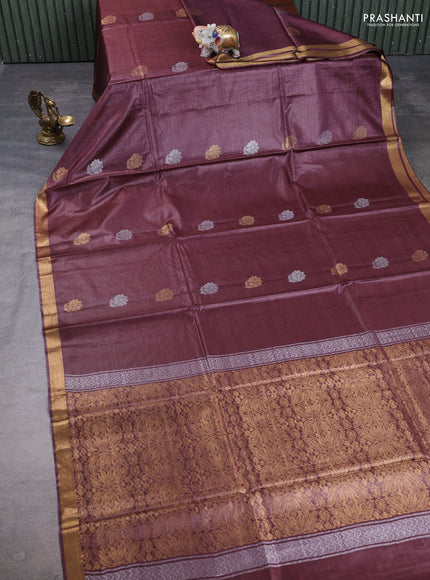 Banana silk saree wine shade with silver & gold zari woven buttas and zari woven border