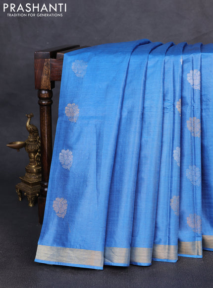 Banana silk saree blue and pink with silver & gold zari woven buttas and zari woven border