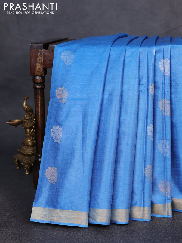 Banana silk saree blue and pink with silver & gold zari woven buttas and zari woven border