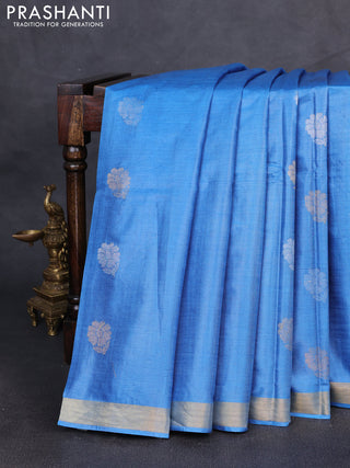Banana silk saree blue and pink with silver & gold zari woven buttas and zari woven border