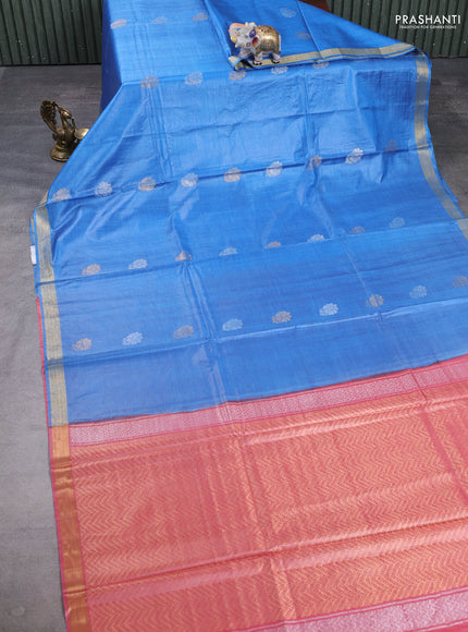 Banana silk saree blue and pink with silver & gold zari woven buttas and zari woven border