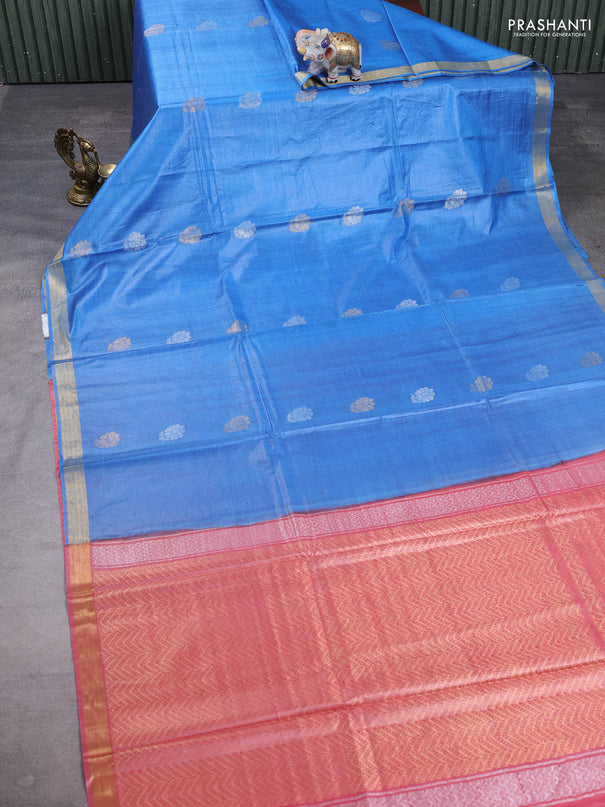Banana silk saree blue and pink with silver & gold zari woven buttas and zari woven border