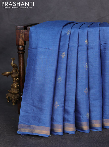 Banana silk saree blue with allover silver & gold zari woven buttas and zari woven border