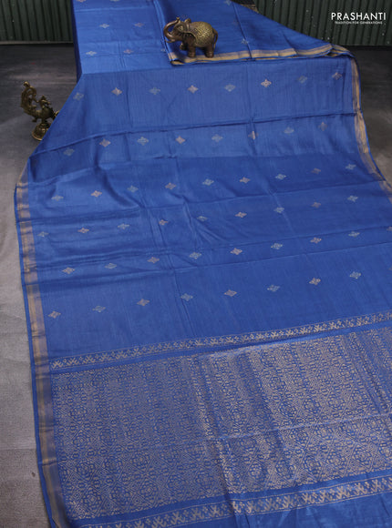 Banana silk saree blue with allover silver & gold zari woven buttas and zari woven border