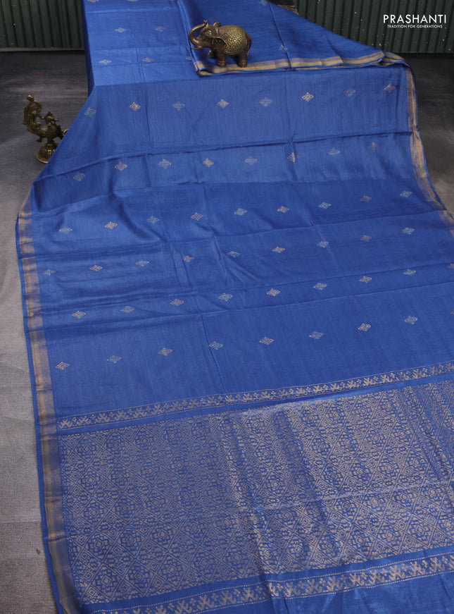 Banana silk saree blue with allover silver & gold zari woven buttas and zari woven border