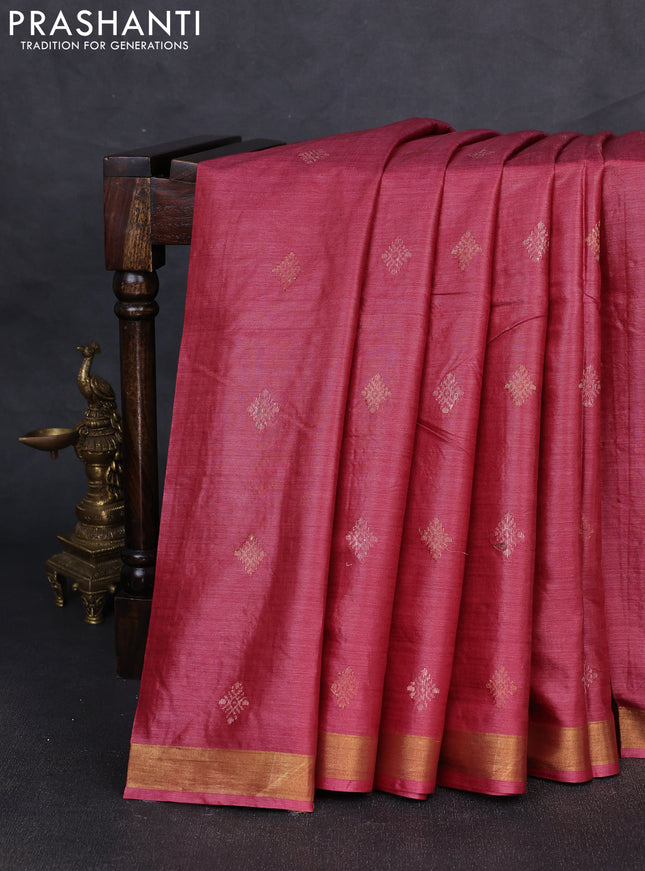 Banana silk saree wine shade with allover silver & gold zari woven buttas and zari woven border