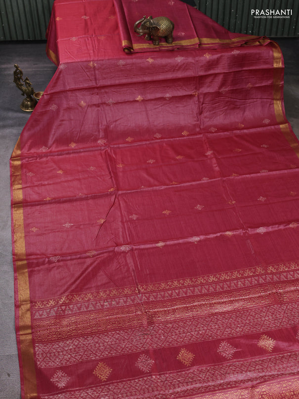 Banana silk saree wine shade with allover silver & gold zari woven buttas and zari woven border