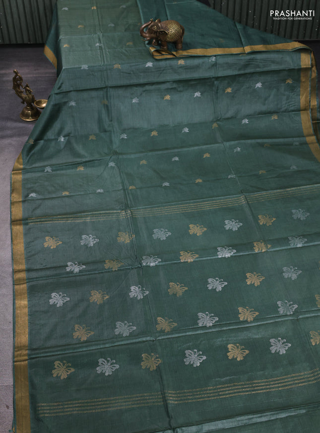 Banana silk saree green with allover silver & zari woven buttas and zari woven border