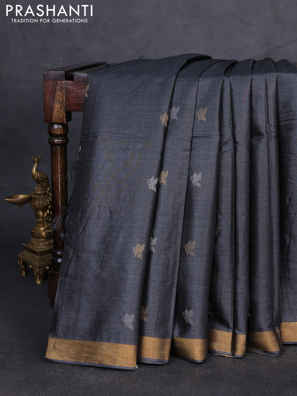 Banana silk saree elephant grey with allover silver & zari woven buttas and zari woven border