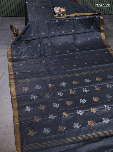 Banana silk saree elephant grey with allover silver & zari woven buttas and zari woven border