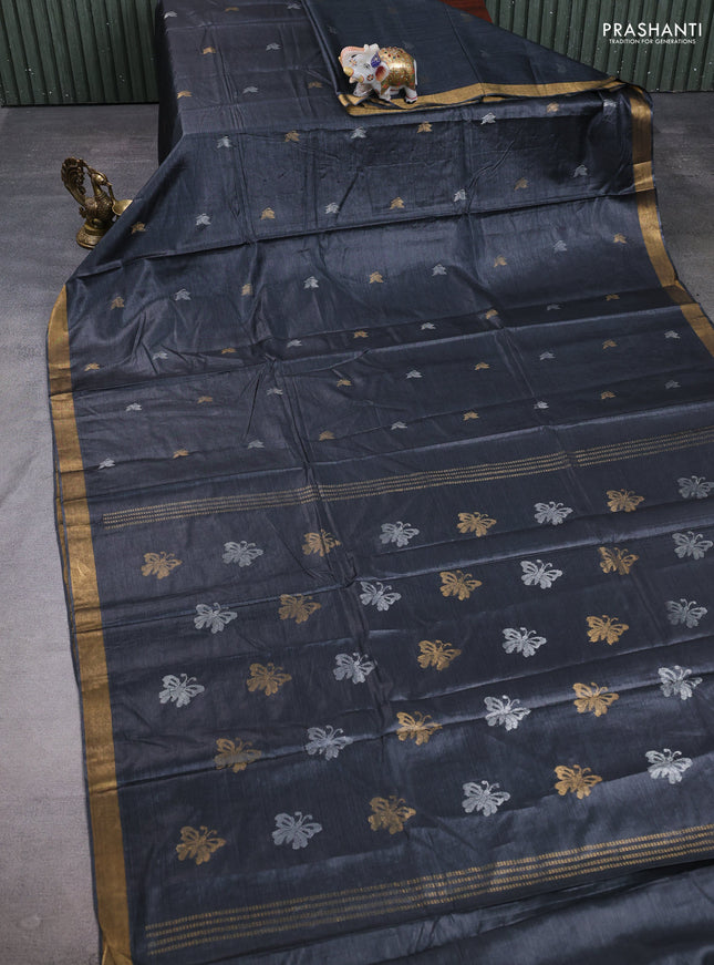 Banana silk saree elephant grey with allover silver & zari woven buttas and zari woven border
