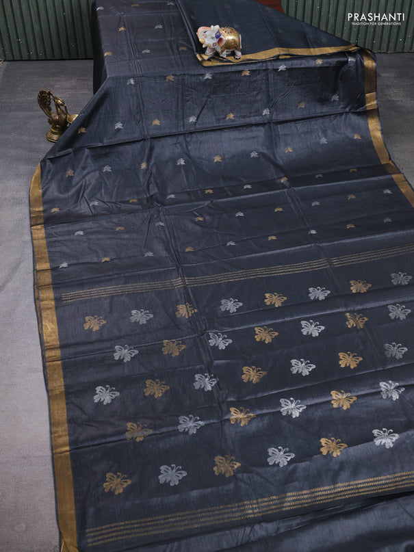 Banana silk saree elephant grey with allover silver & zari woven buttas and zari woven border