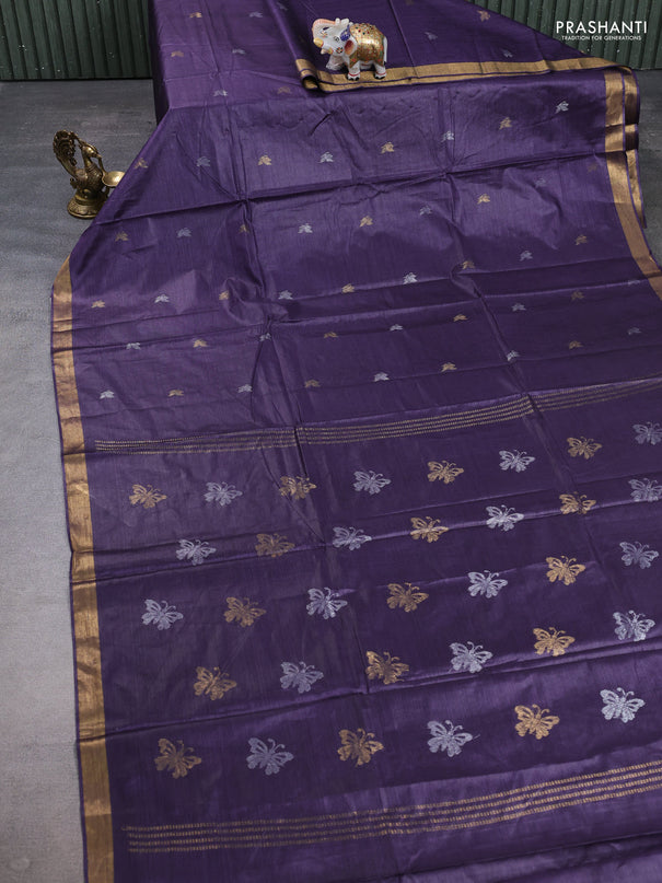 Banana silk saree violet with allover silver & zari woven buttas and zari woven border