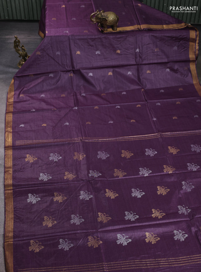 Banana silk saree purple with allover silver & zari woven buttas and zari woven border
