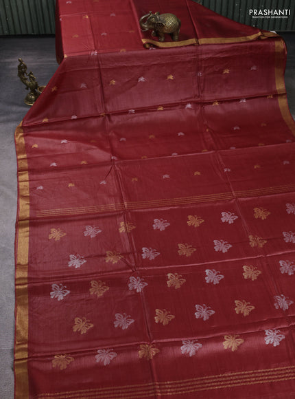 Banana silk saree maroon with allover silver & zari woven buttas and zari woven border