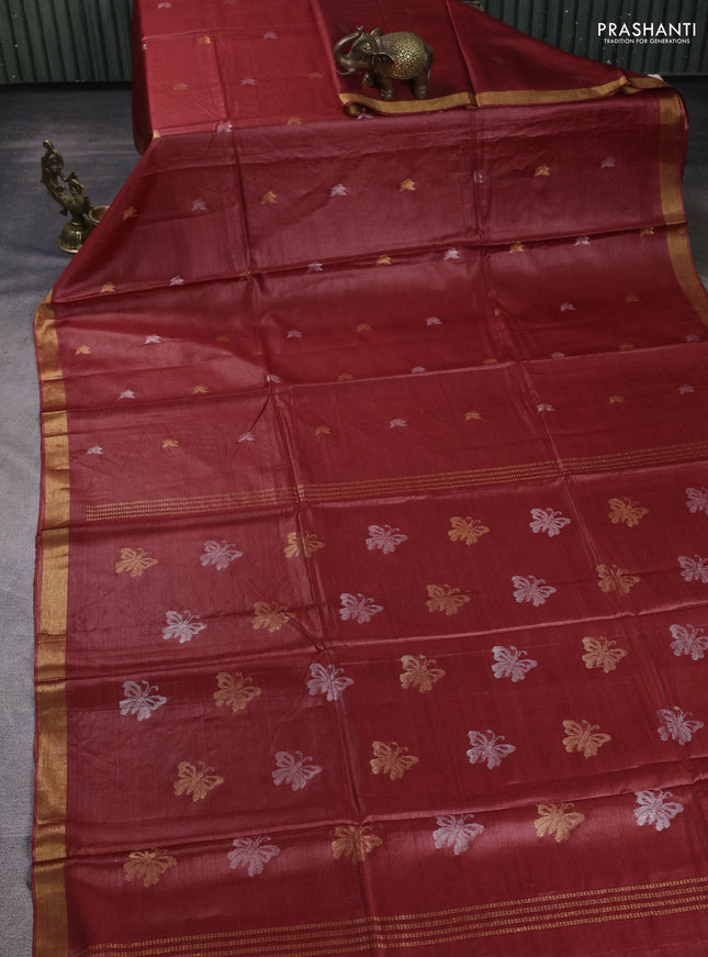 Banana silk saree maroon with allover silver & zari woven buttas and zari woven border